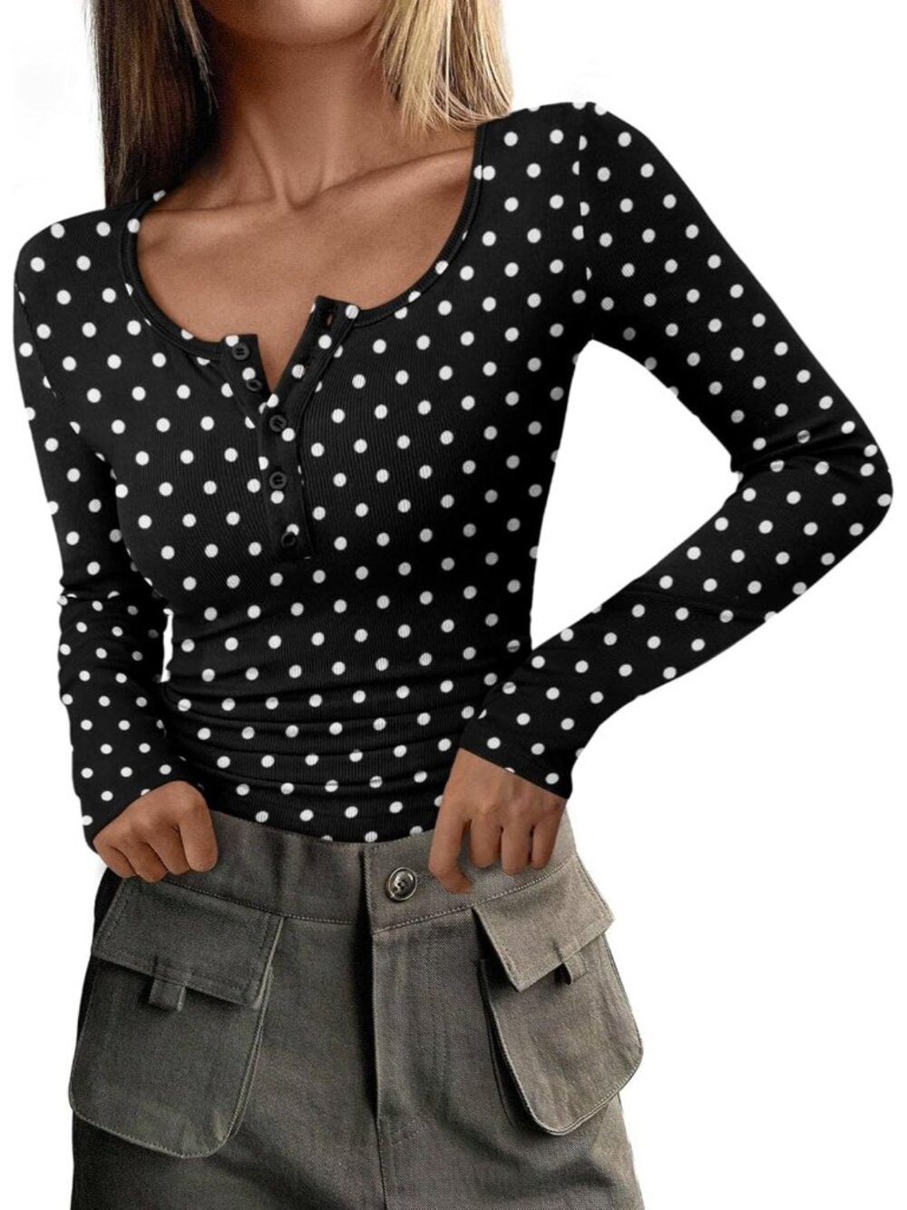 Womens Black Polka Dot Ribbed Knit Long Sleeve Henley Button Up Tee Layering Top